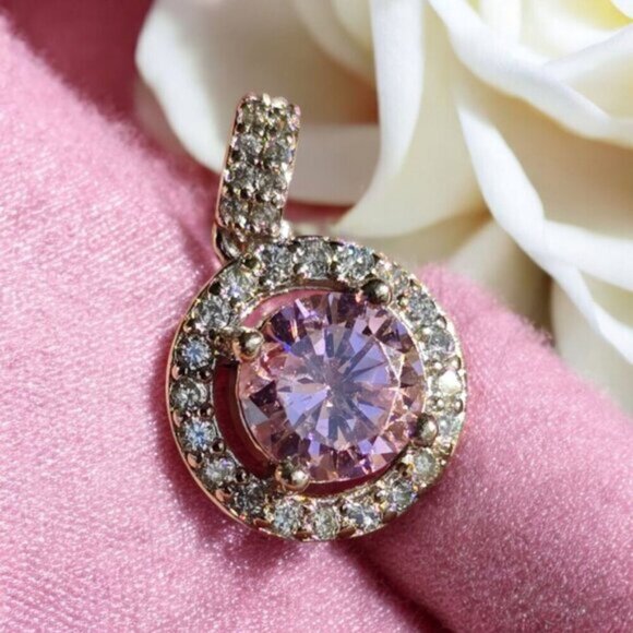 3ct Pink Moissanite ✦ Halo Pendant Necklace ✦ 925 Silver 14K Gold Overlay 18" - Picture 5 of 13